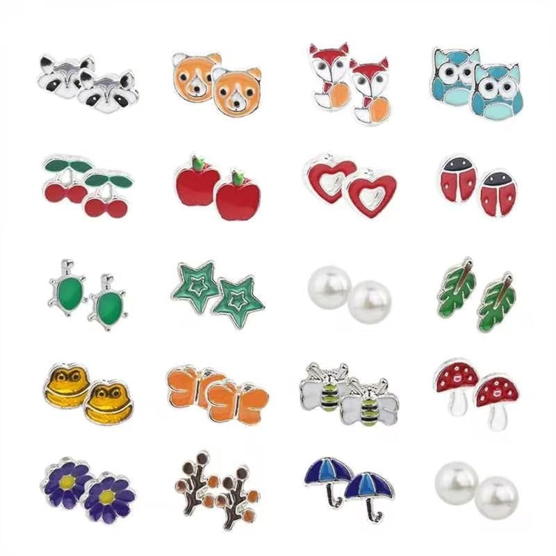 HOVEOX 20 Pairs Stud Earrings Stainless Steel Mixed Color Cute Animals Fruit Mushroom Cherry Pearl Fox Bear Butterfly Bee Owl Flower Star Heart Stud Earrings Set for Women - Image 1